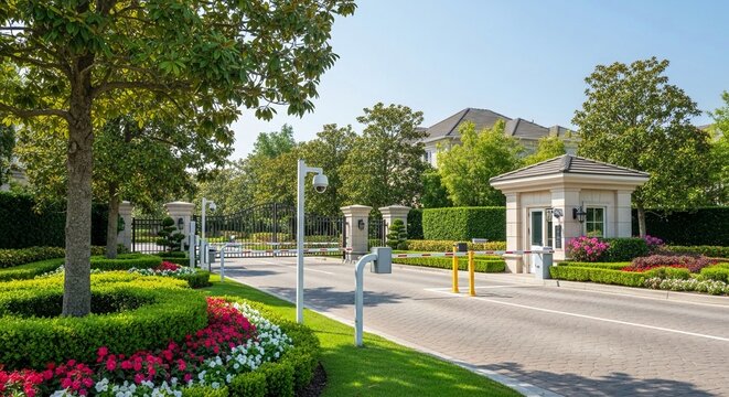 Luxurious Gated Estate Entrance with Security Measures and Manicured Landscaping