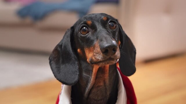 A black and tan dachshund wearing a red and white costume tilts its head upward, looks around with a surprised expression and pleading eyes, while sitting on a wooden floor at home.