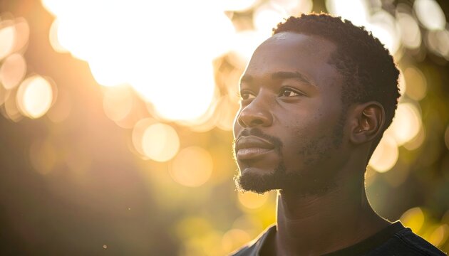 Young African man bathed in the warm, golden light of dawn or dusk, looking thoughtfully towards a brighter future with optimism and resolve