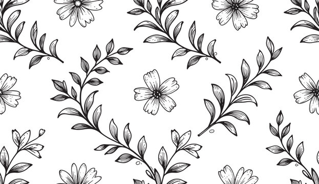 Hand Drawn Floral Seamless Pattern, Elegant Botanical Engraving Vector Background, Black Line Art Wildflower Wallpaper Clipart
