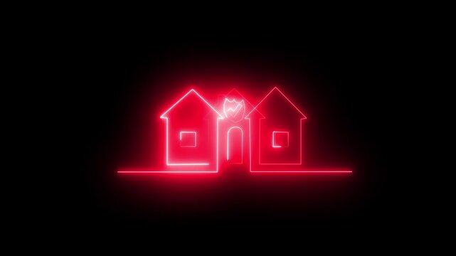 neon red color home icon animation icon property house animated. house in the night glowing neon sign. house building property apartment  glowing home icon animation