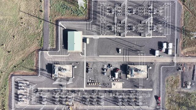 Aerial view of electrical power substation and distribution infrastructure