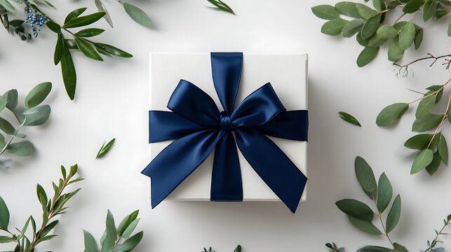 A minimalistic flat lay of a gift box wrapped in white with a navy blue satin bow