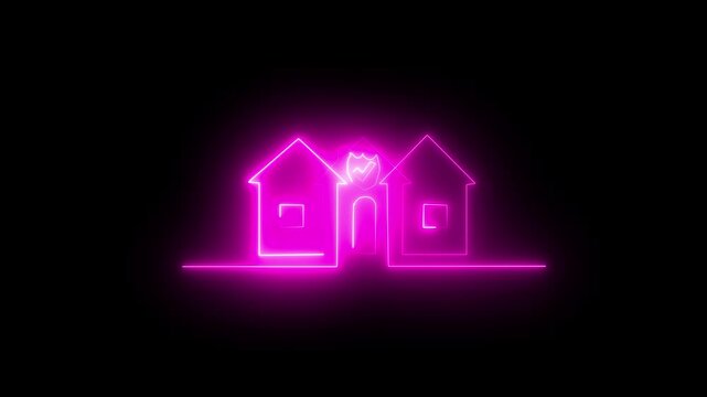 neon red color home icon animation icon property house animated. house in the night glowing neon sign. house building property apartment  glowing home icon animation