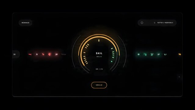 Cyberpunk inspired digital display showing a central skill meter and various abstract icons for futuristic gaming or operating system interface.