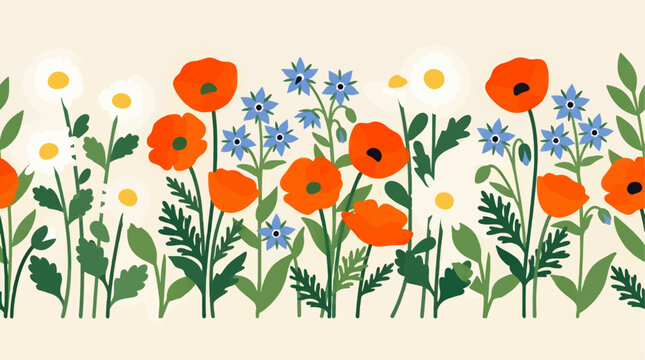 Flat Design Border of Orange Poppies and White Daisies with Blue Borage Flowers, Green Leaves and Stems on Cream Background, Vector Illustration