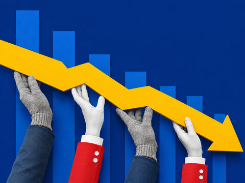 Hands holding up a falling yellow trend arrow