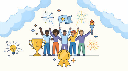 Fototapeta premium Diverse Team Celebrating Victory with Trophy and Torch, Flat Design Vector Illustration with Clouds and Fireworks, Concept of Success and Achievement