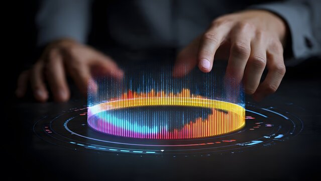 Human finger touching glowing circular sound wave interface showing futuristic data visualization represented by pulsating colorful lights against dark moody black table background environment.