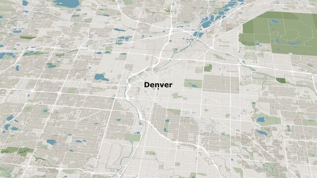 Zoom out on the map of Denver City in Colorado, with text. Cinematic 3d city map animation, aerial views, documentary, tourism, and travel. 4k