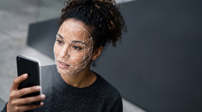 A high angle view of a woman looking up at smartphone scanning face with clean white tracking mesh on charcoal studio background, mobile security app