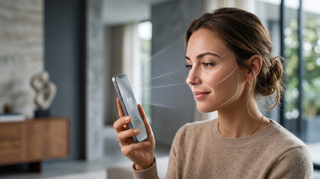 A close up of a smiling woman face mapping curves with glowing white micro dot matrix via slim mobile phone in modern living space, consumer tech lifestyle