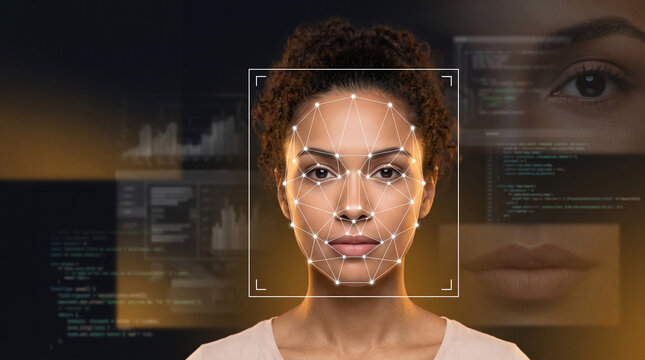 A calm woman face inside a glowing white bounding box for biometric AI face scanning analysis with obsidian and gold backdrop, cybersecurity data