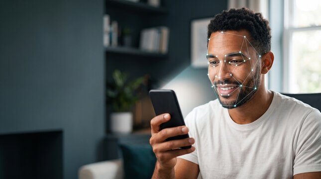A happy man using matte black smartphone for biometric AI face scanning matrix tracking facial symmetry in modern home office workspace, data safety