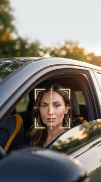 A woman in driver seat of modern car undergoing biometric AI face scan with white and amber topographic grid, smart vehicle access technology