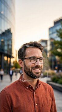 A smiling man with a beard and glasses undergoing biometric AI face scan with gold data mesh in sunlit modern corporate plaza, digital identity validation