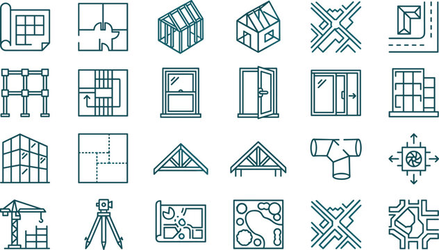 Architectural Planning and Construction Line Icon Set with Blueprints, Building Design and Surveying Symbols Collection