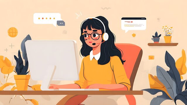 Animated illustration of young woman wearing headset with microphone sitting at desk while working on computer and managing communication tasks in comfortable home office environment setting.