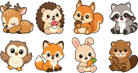 Fototapeta premium Cute Woodland Animal Character Collection with Kawaii Forest Cartoon Friends and Baby Wildlife
