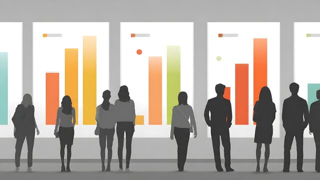 Minimalist silhouette illustration of diverse business people standing in front of large colorful data bar charts and graphs at professional gallery exhibition or corporate office presentation.