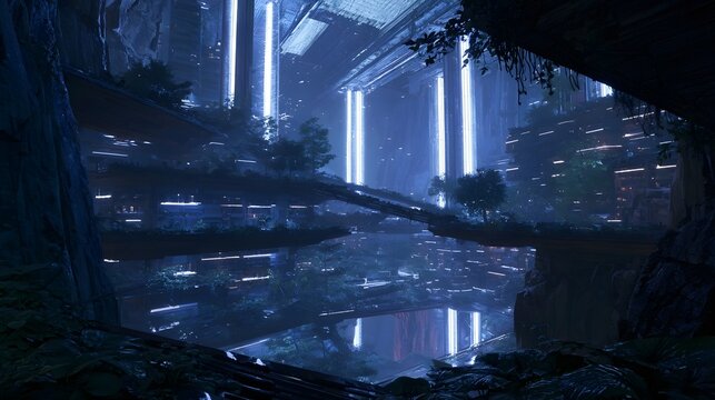 A futuristic underground cityscape with glowing vertical light columns illuminating multi level platforms surrounded by lush vegetation