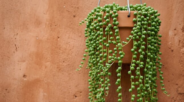 Hanging string of pearls succulent plant in a terracotta pot on wall