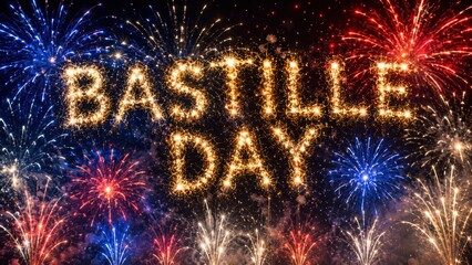 Bastille Day text made of sparkling fireworks surrounded by colorful explosions on a dark night sky. French national holiday celebration background for July 14, festivals, events, greeting cards