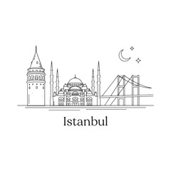 Fototapeta premium Istanbul Skyline Illustration Linear Drawing With Crescent Moon And Stars