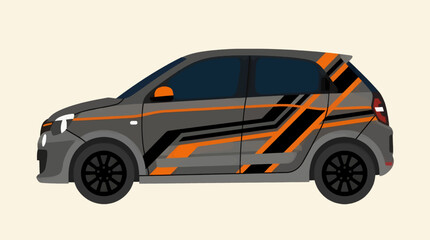 Fototapeta premium Flat Vector Illustration of a Grey Compact City Car with Orange and Black Sporty Decals, Sleek Minimalist Design, Side View on a Light Cream Background, Graphic Resource