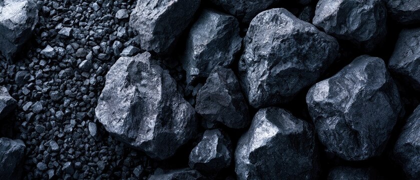 A close-up, overhead shot showcasing a pile of rough, dark rocks and gravel