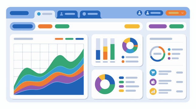 Colorful stacked area chart and various data visualization dashboards