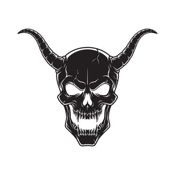 Skull With Horns Silhouette Black And White Graphic Illustration