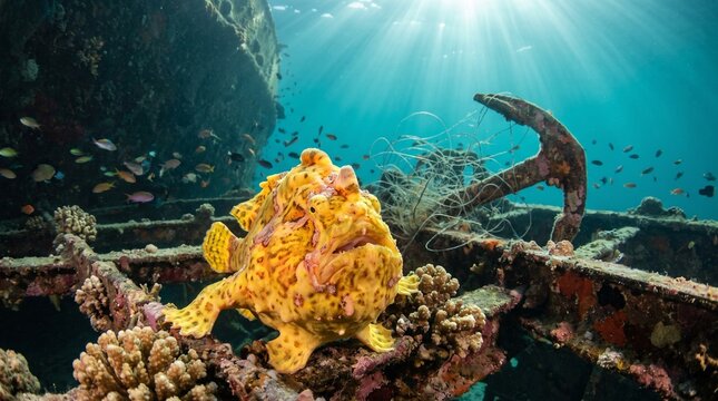 Vibrant yellow frogfish on sunken shipwreck under ocean sunlight
