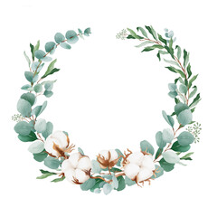 Fototapeta premium Watercolor Eucalyptus and Cotton Branch Circle Wreath Vector