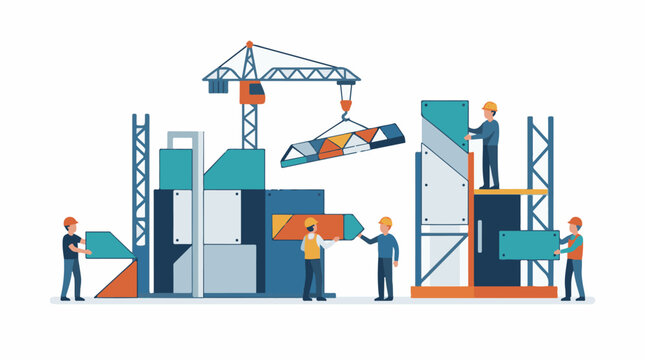 Construction workers assembling modular building components with crane support