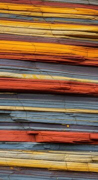 Close up view of ancient colorful sedimentary rock layers showing natural patterns and textures shaped by time and environmental erosion, colorful, stone, geological