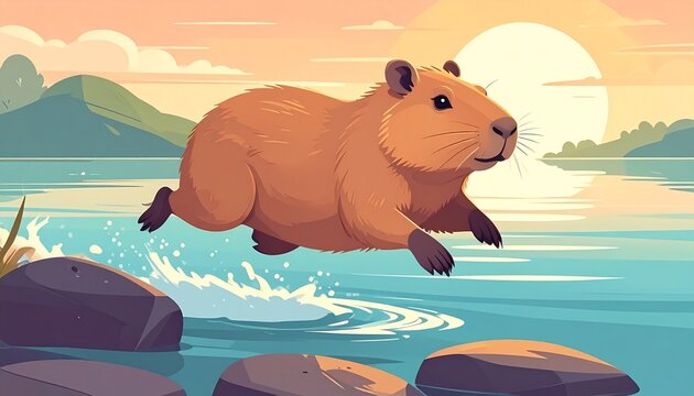 Capybara Sunset Chill and Stone Skipping Action in a Peaceful Riverside Landscape with Warm Golden Hour Lighting and Relaxed Atmosphere