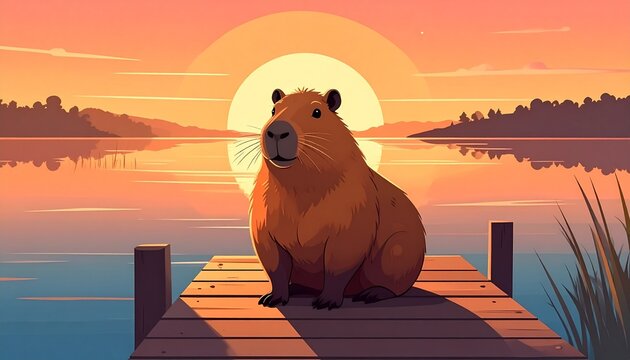 Capybara Sunset Chill on a Wooden Dock by the Lake featuring a peaceful wildlife animal resting during a golden hour landscape view