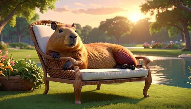 Capybara Sunset Chill Wicker Chair Relaxation