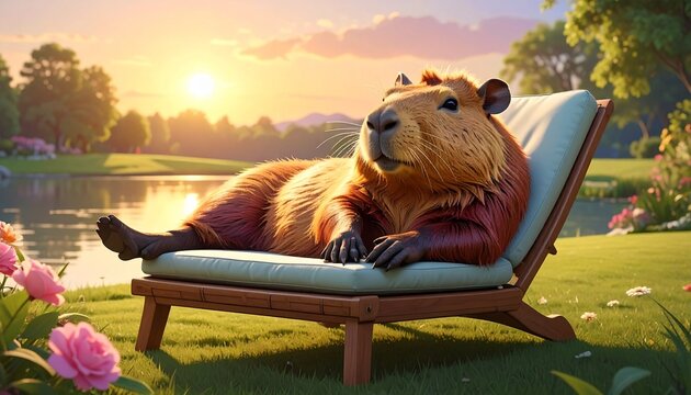 Relaxing Capybara Lounging on Wicker Chair by Serene Lakeside at Golden Sunset with Blooming Flowers and Calm Water Reflection