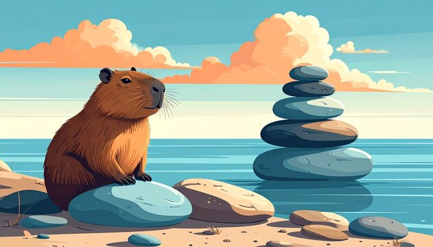 Capybara Sunset Chill with Zen Stone Balance on Beach