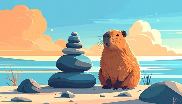 Capybara Sunset Chill Scene with Zen Stone Balance on Beach