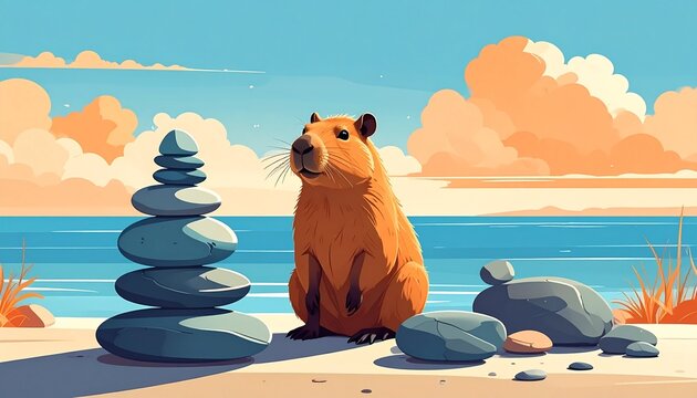 Capybara Sunset Chill with Zen Stone Balance on Beach