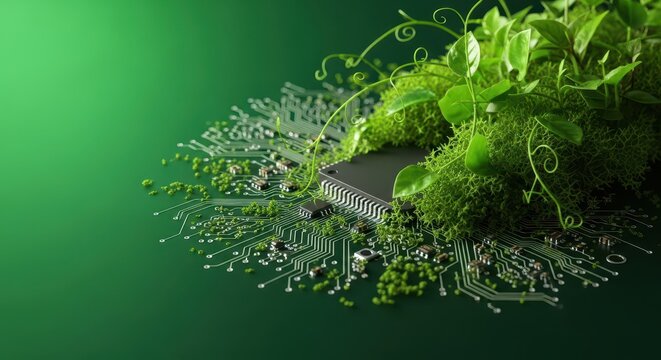 Electronic micro components merging with lush green organic matter, symbolizing sustainable future innovation and ecological integration, vibrant, microchip, data
