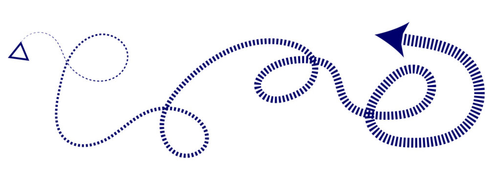 Complex dark blue dashed line creating a winding path with an arrow