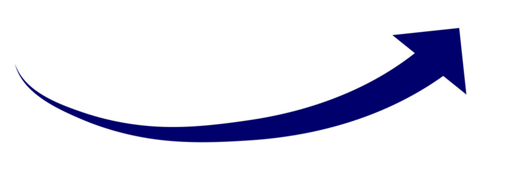 Dark blue thick arrow curving gracefully upwards against a white background