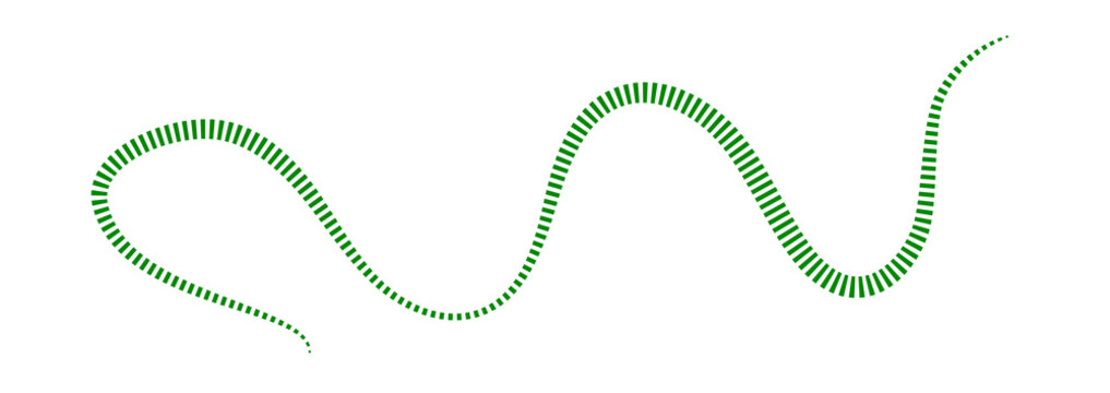 Continuous wavy green dashed line forms a winding path on a clear white surface