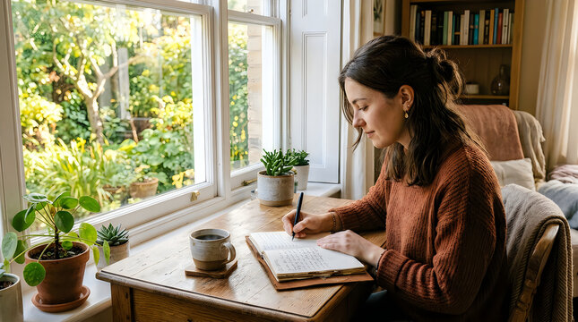 Young woman writing in a notebook by a sunny window