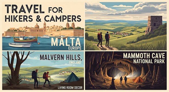 Vintage Hiking and Camping Travel Poster Showing Malta Malvern Hills and Mammoth Cave Scenes