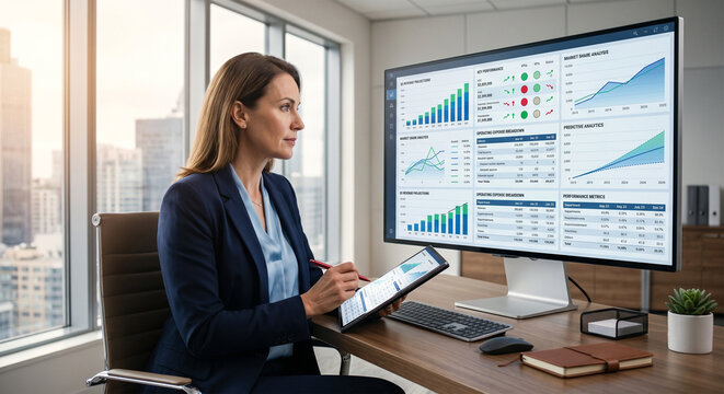 Professional businesswoman analyzing financial charts and metrics on a large monitor, female executive working with data analytics on tablet at office desk, business intelligence concept.